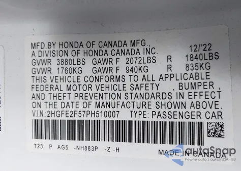 2023 Honda Civic Sport из США, поврежденный, VIN 2HGFE2F57PH510007